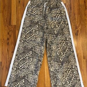 Leopard Print Wide-Leg Pants with White Stripes